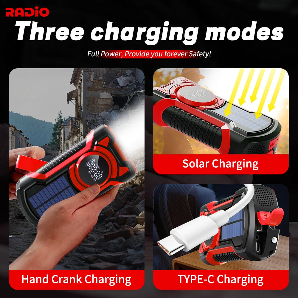 Emergency Radio Hand Crank Solar 5000Mah, IP65 Waterproof Dustproof Bluetooth 5.3 Portable AM/FM/NOAA Weather Alert Radio