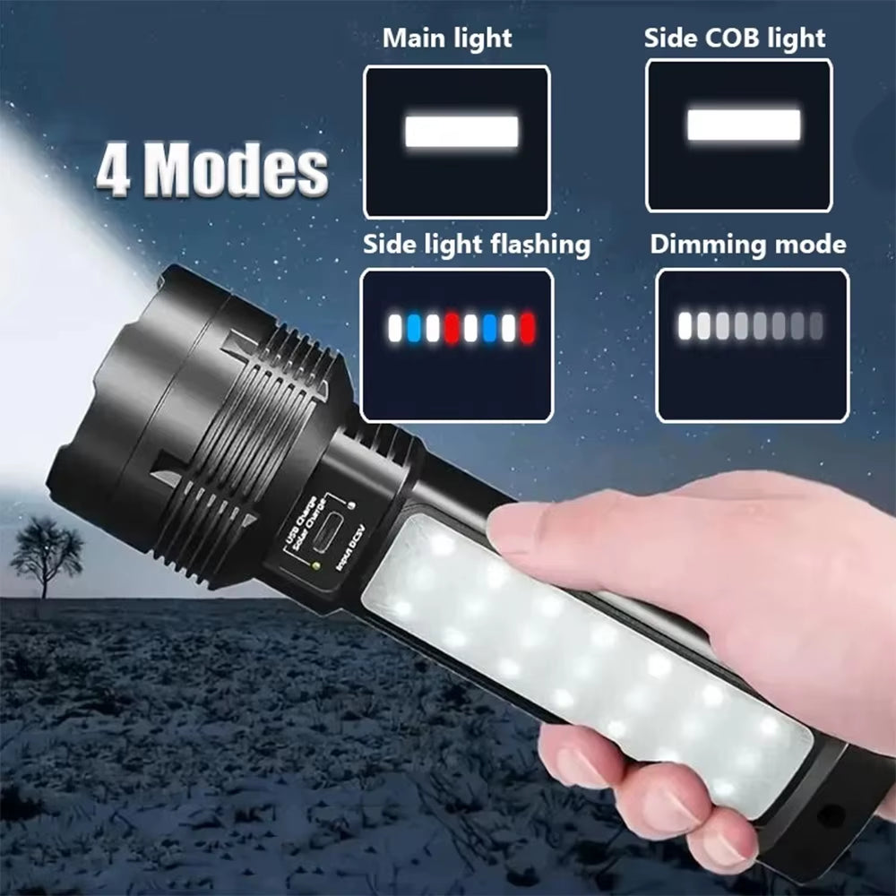 Solar Powered LED Flashlight with COB Side Light Lantern USB Rechargeable Powerful Handheld Torch for Outdoor Camping Fishing