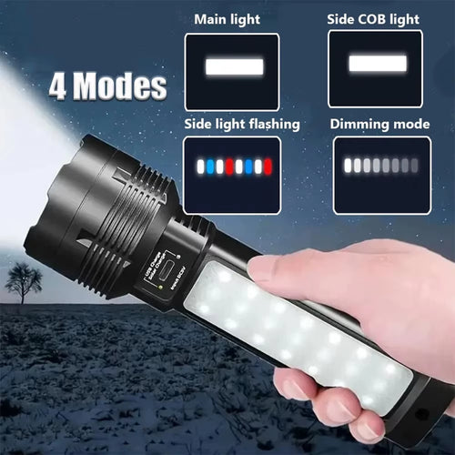 Solar Powered LED Flashlight with COB Side Light Lantern USB Rechargeable Powerful Handheld Torch for Outdoor Camping Fishing
