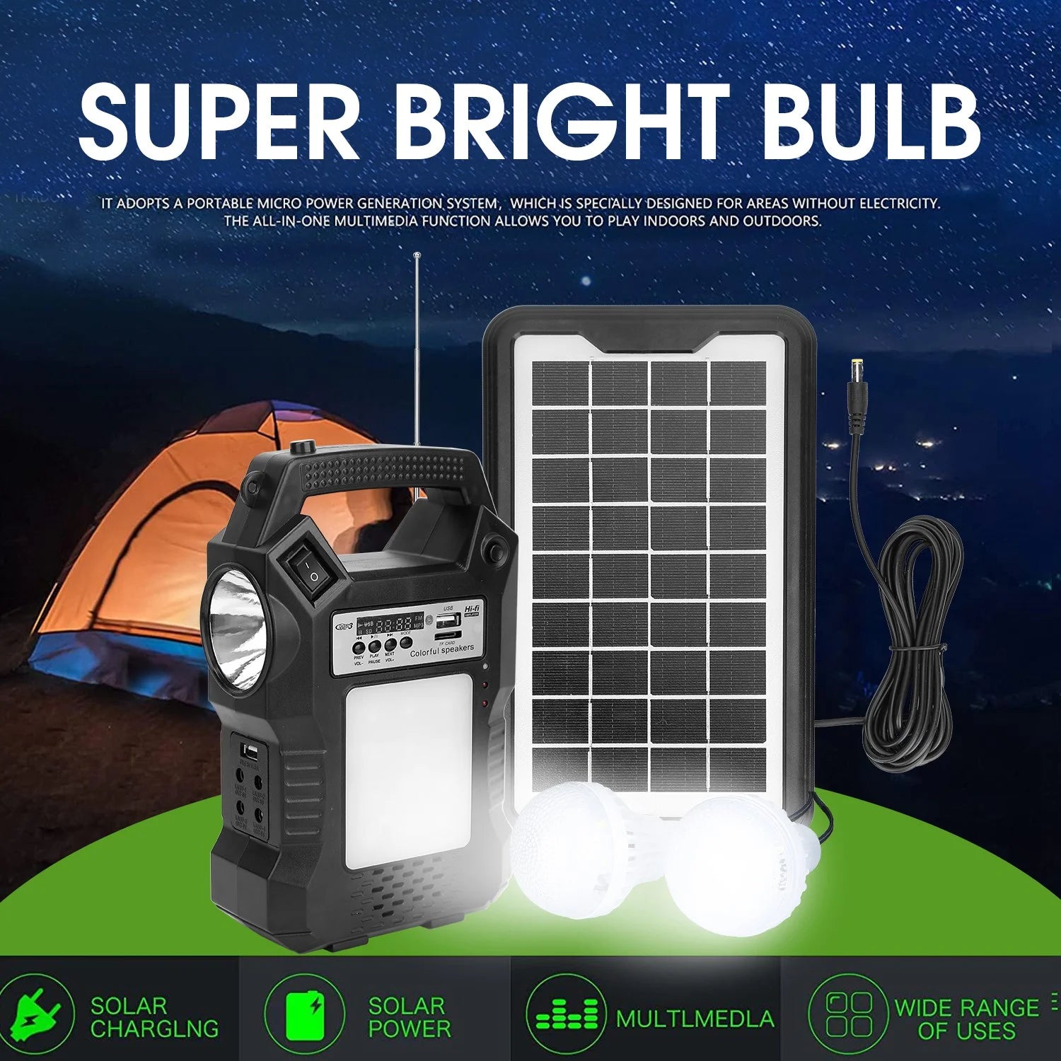 Portable Solar Power Station with Flashlight & 3 LED Bulbs, 4500Mah Backup Power Bank for Camping, Outages, Outdoor Use