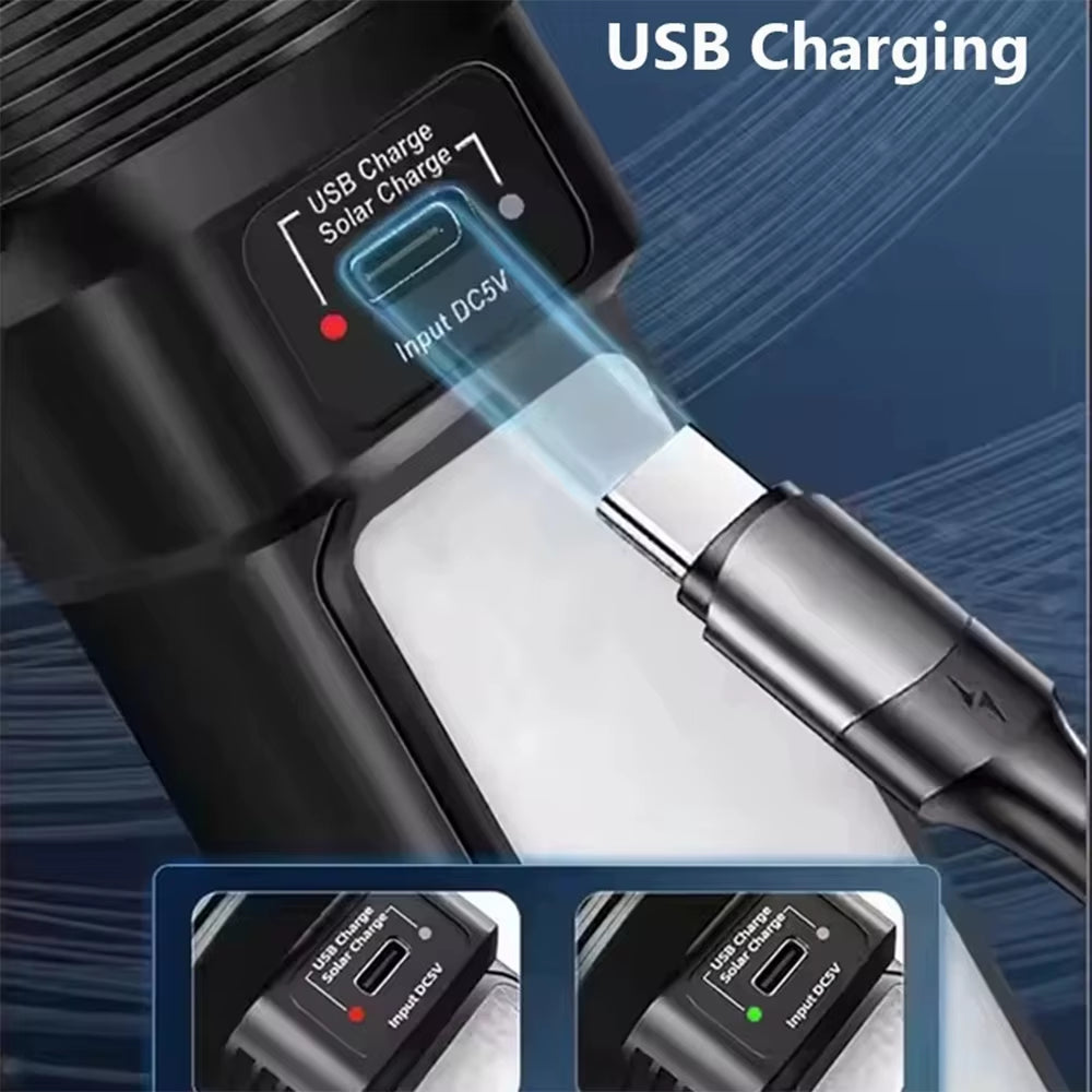 Solar Powered LED Flashlight with COB Side Light Lantern USB Rechargeable Powerful Handheld Torch for Outdoor Camping Fishing