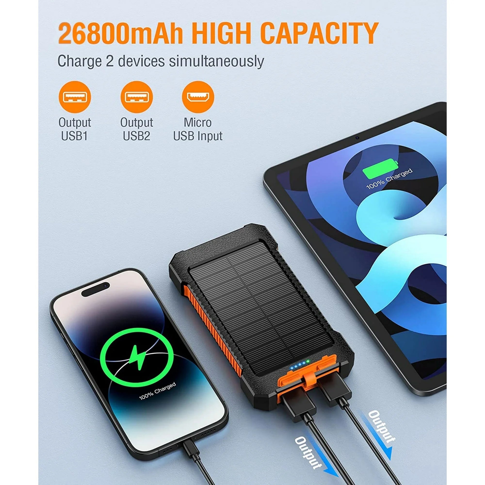 Solar Power Bank, USB Portable Solar Charger Compatible for Iphone, Android Phone. 26800Mah