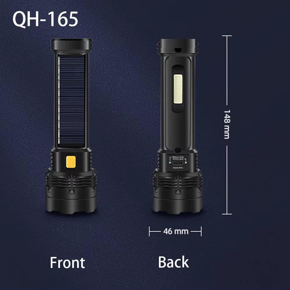 Solar Powered LED Flashlight with COB Side Light Lantern USB Rechargeable Powerful Handheld Torch for Outdoor Camping Fishing