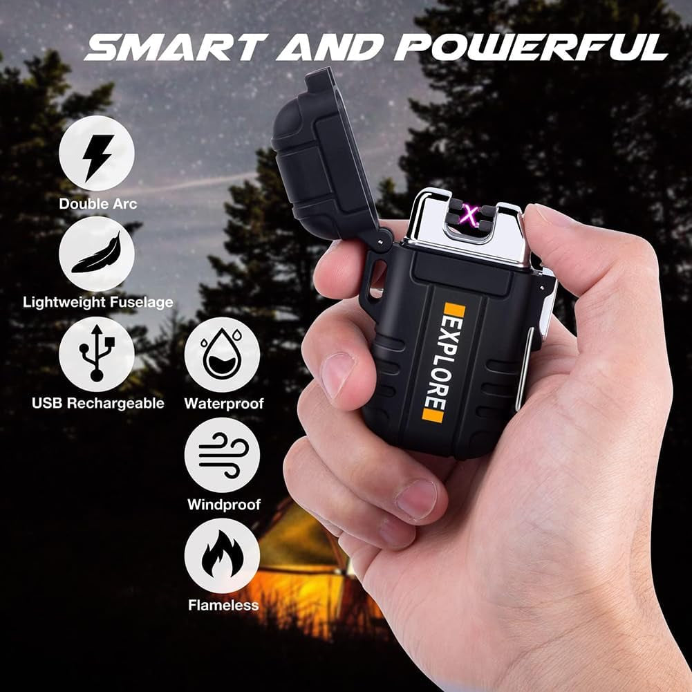 Waterproof Electric Lighter Windproof Dual Arc USB Rechargeable Flameless Plasma
