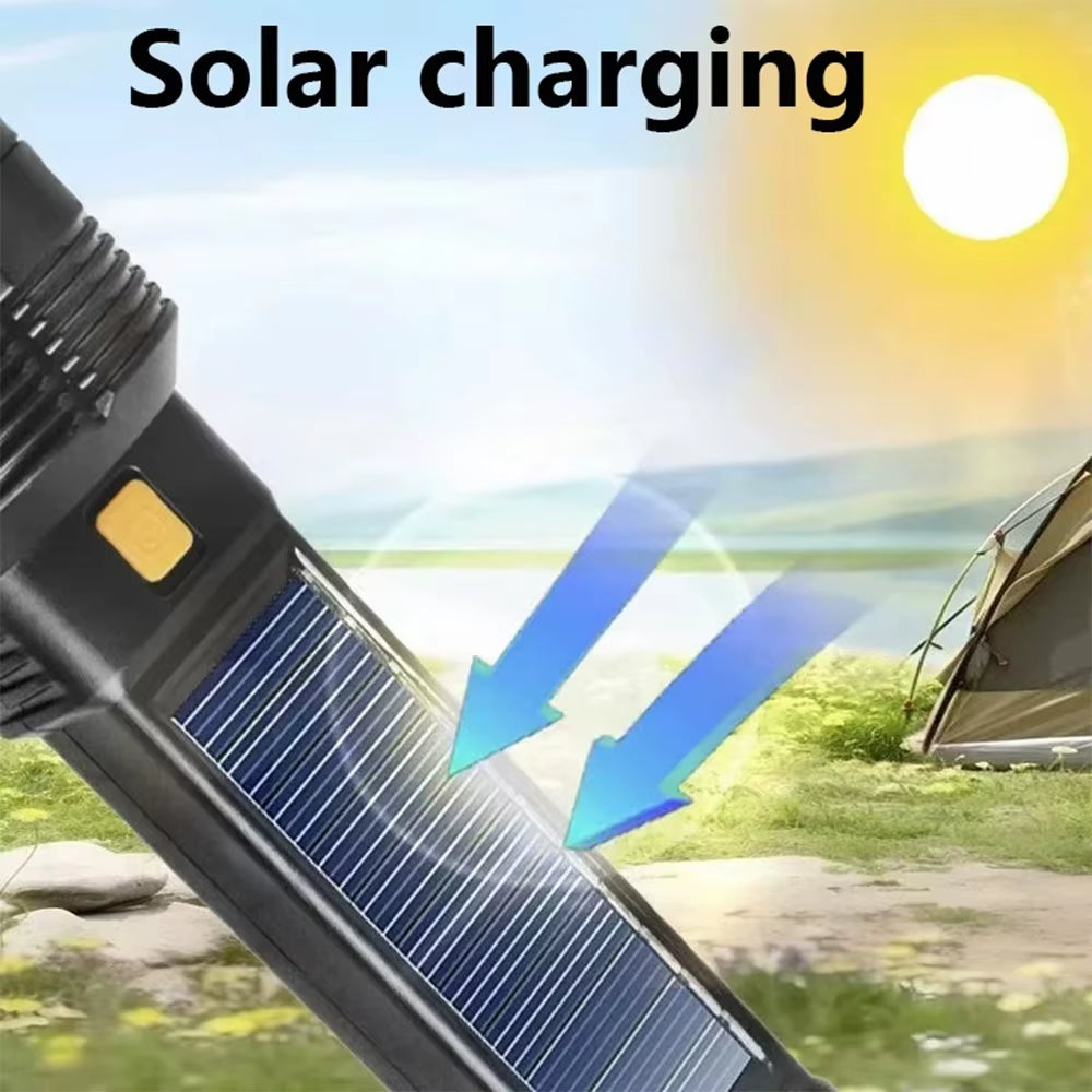 Solar Powered LED Flashlight with COB Side Light Lantern USB Rechargeable Powerful Handheld Torch for Outdoor Camping Fishing