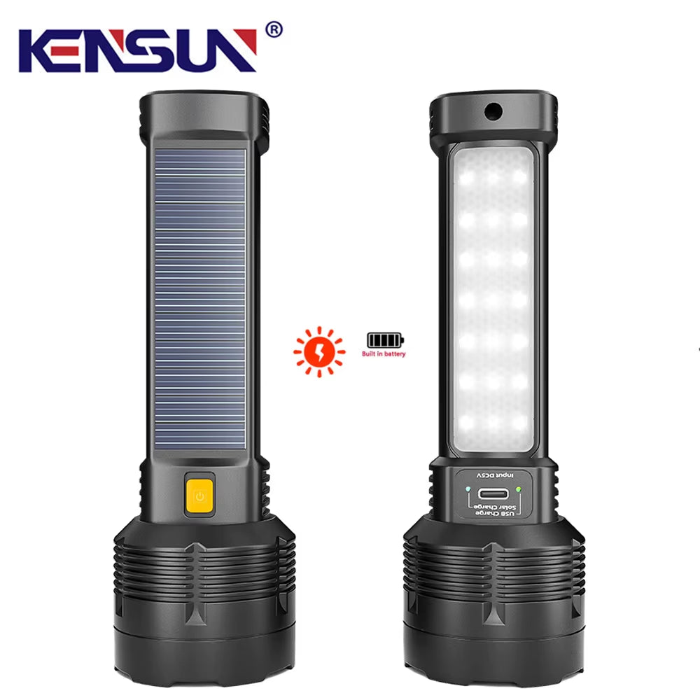 Solar Powered LED Flashlight with COB Side Light Lantern USB Rechargeable Powerful Handheld Torch for Outdoor Camping Fishing