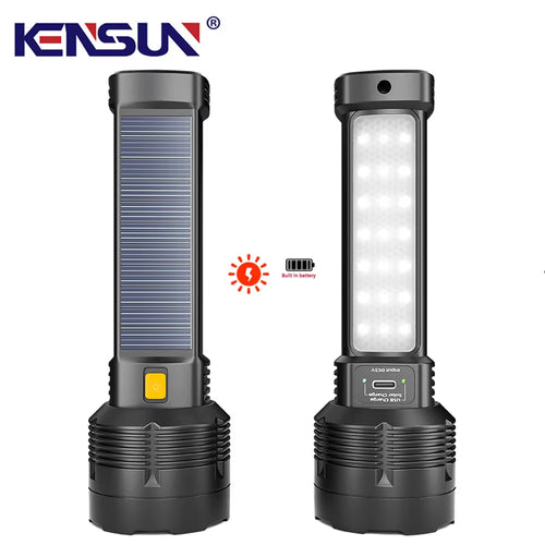Solar Powered LED Flashlight with COB Side Light Lantern USB Rechargeable Powerful Handheld Torch for Outdoor Camping Fishing
