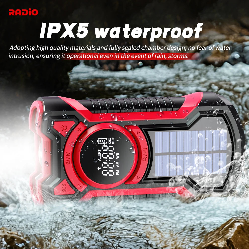 Emergency Radio Hand Crank Solar 5000Mah, IP65 Waterproof Dustproof Bluetooth 5.3 Portable AM/FM/NOAA Weather Alert Radio