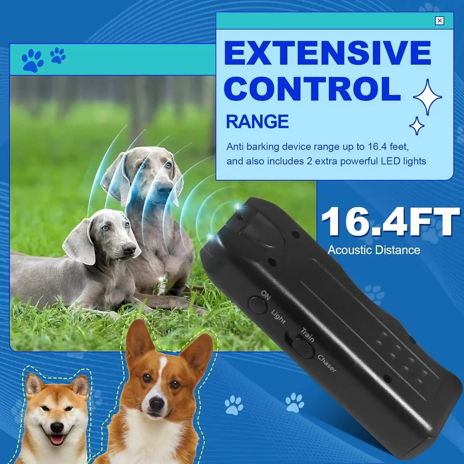Repelente Ultrasónico 3 en 1 para Perros – Entrenador, Linterna y Ahuyentador