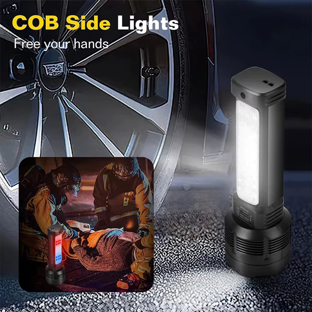 Solar Powered LED Flashlight with COB Side Light Lantern USB Rechargeable Powerful Handheld Torch for Outdoor Camping Fishing